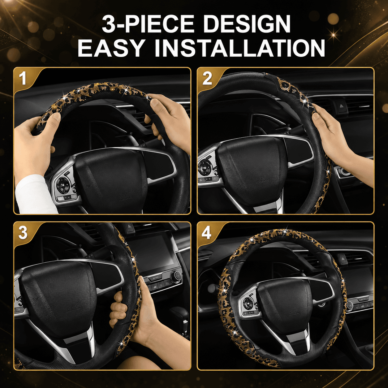 Rhinestone leopard print steering wheel cover, crystal detail view